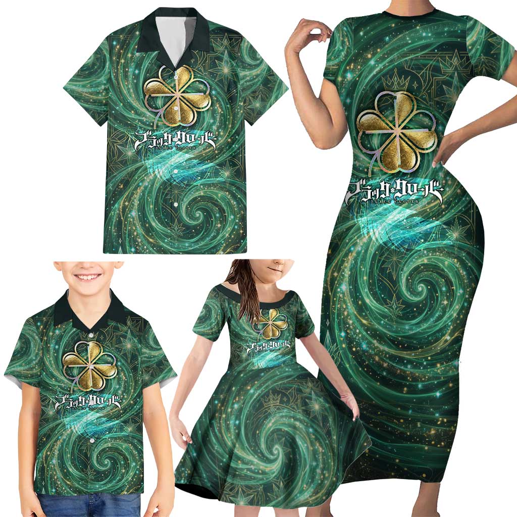 Yuno Black Clover Family Matching Short Sleeve Bodycon Dress and Hawaiian Shirt Magical Fantasy Style with Emerald Wind Swirls