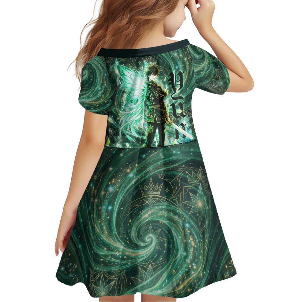 Yuno Black Clover Family Matching Short Sleeve Bodycon Dress and Hawaiian Shirt Magical Fantasy Style with Emerald Wind Swirls