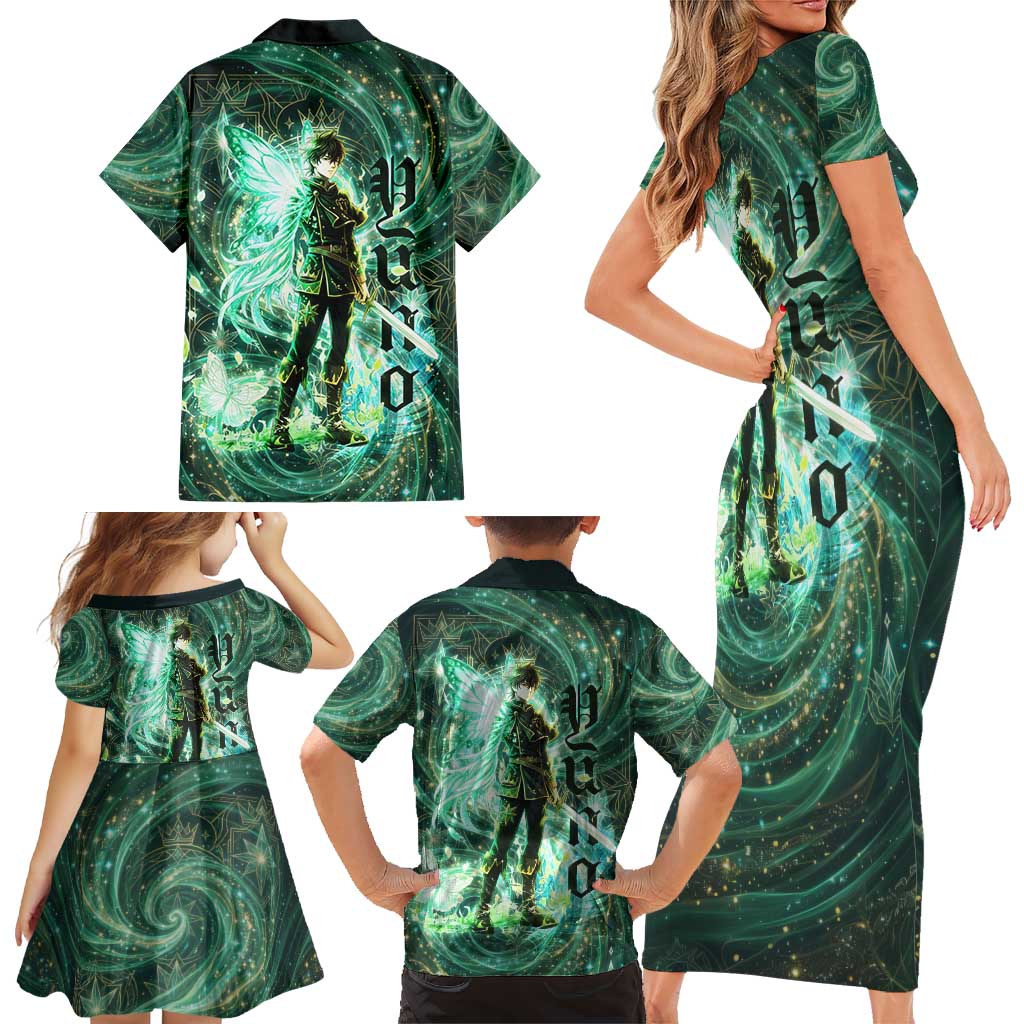 Yuno Black Clover Family Matching Short Sleeve Bodycon Dress and Hawaiian Shirt Magical Fantasy Style with Emerald Wind Swirls