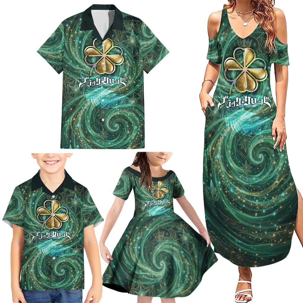 Yuno Black Clover Family Matching Summer Maxi Dress and Hawaiian Shirt Magical Fantasy Style with Emerald Wind Swirls