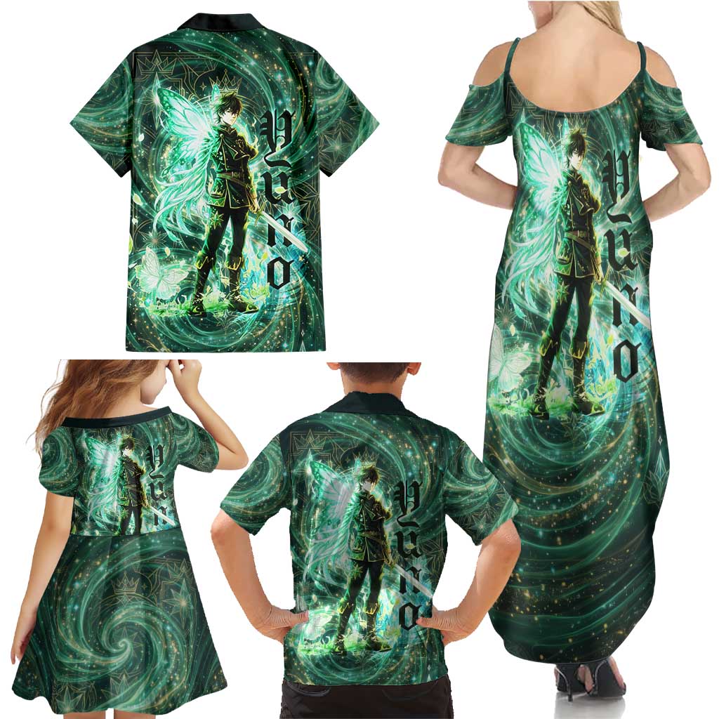 Yuno Black Clover Family Matching Summer Maxi Dress and Hawaiian Shirt Magical Fantasy Style with Emerald Wind Swirls