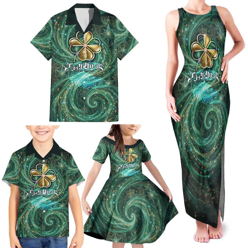 Yuno Black Clover Family Matching Tank Maxi Dress and Hawaiian Shirt Magical Fantasy Style with Emerald Wind Swirls