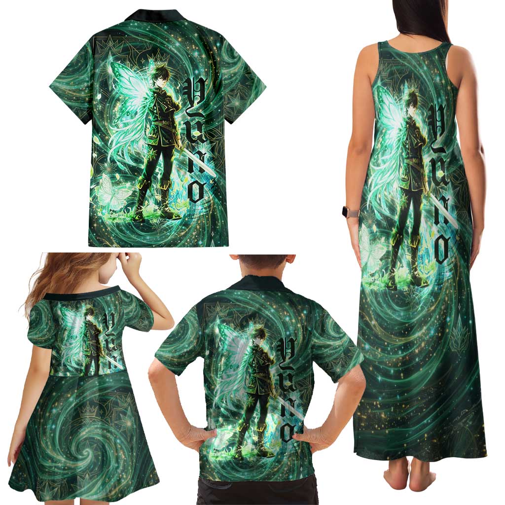 Yuno Black Clover Family Matching Tank Maxi Dress and Hawaiian Shirt Magical Fantasy Style with Emerald Wind Swirls