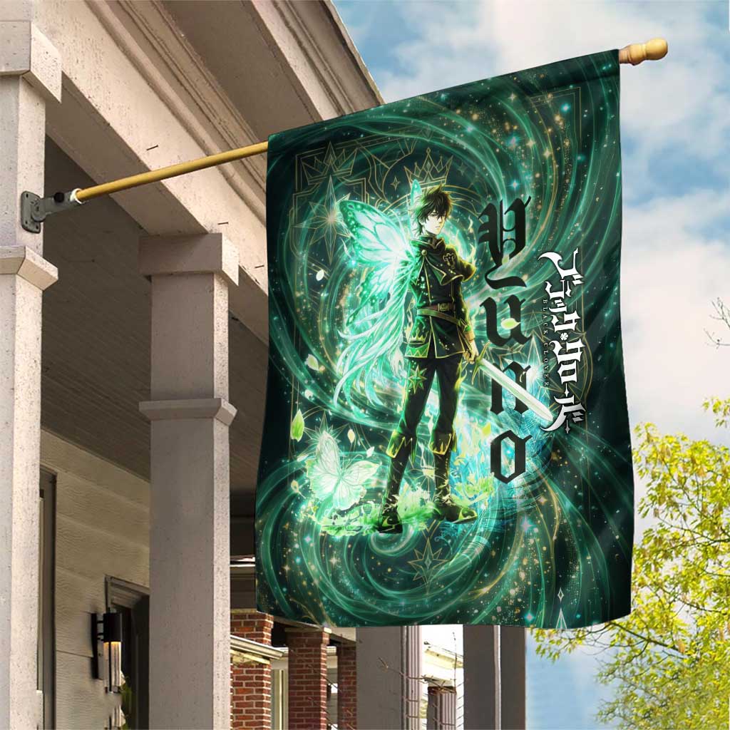 Yuno Black Clover Garden Flag Magical Fantasy Style with Emerald Wind Swirls