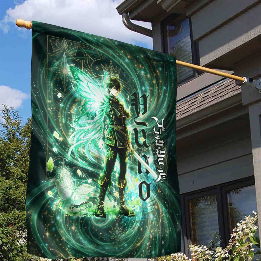 Yuno Black Clover Garden Flag Magical Fantasy Style with Emerald Wind Swirls