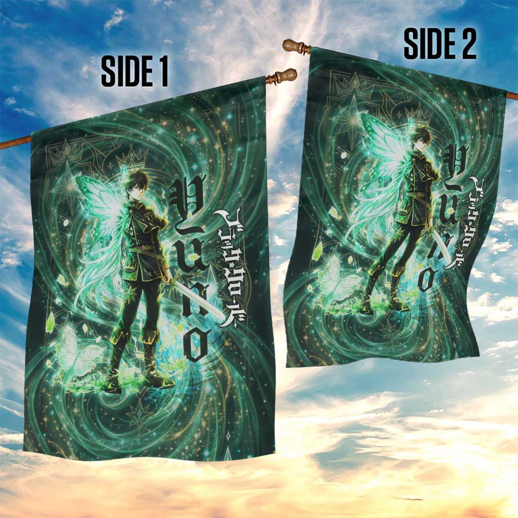 Yuno Black Clover Garden Flag Magical Fantasy Style with Emerald Wind Swirls