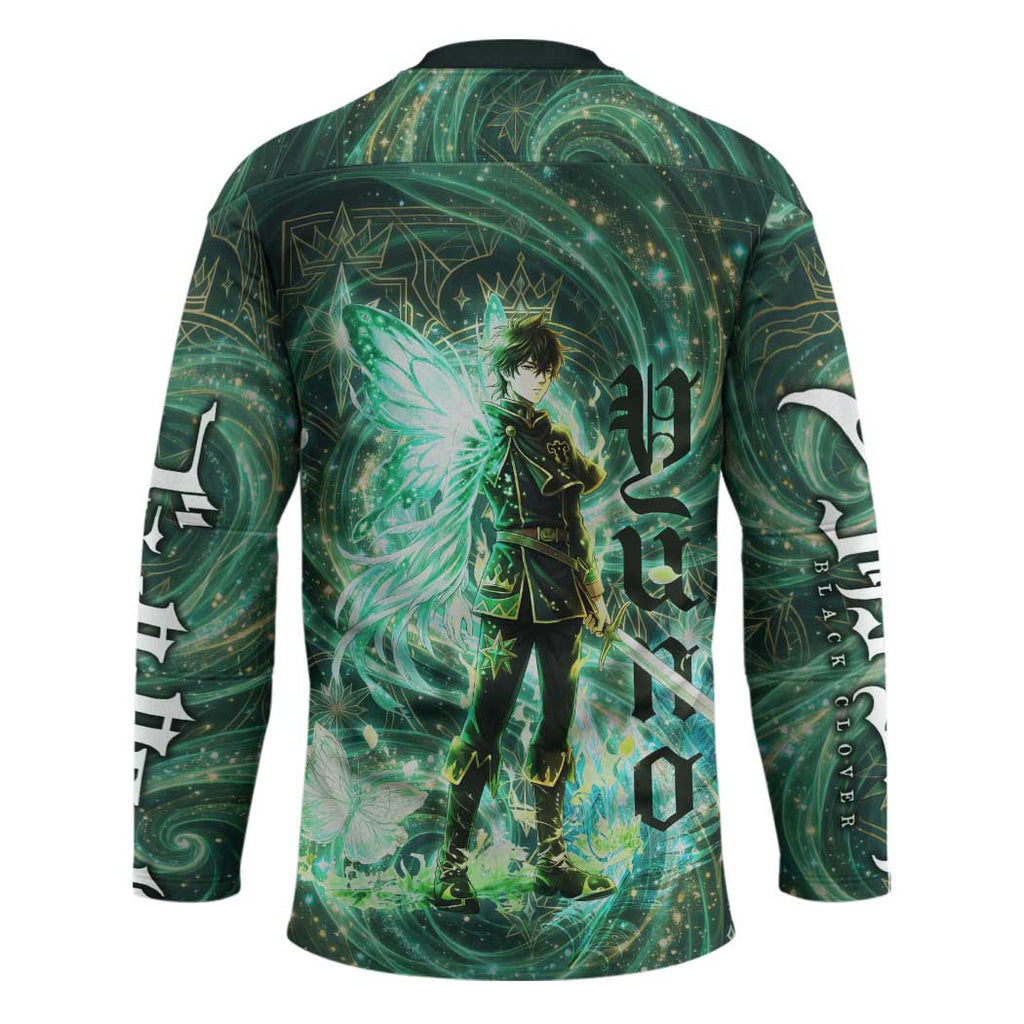 Yuno Black Clover Hockey Jersey Magical Fantasy Style with Emerald Wind Swirls