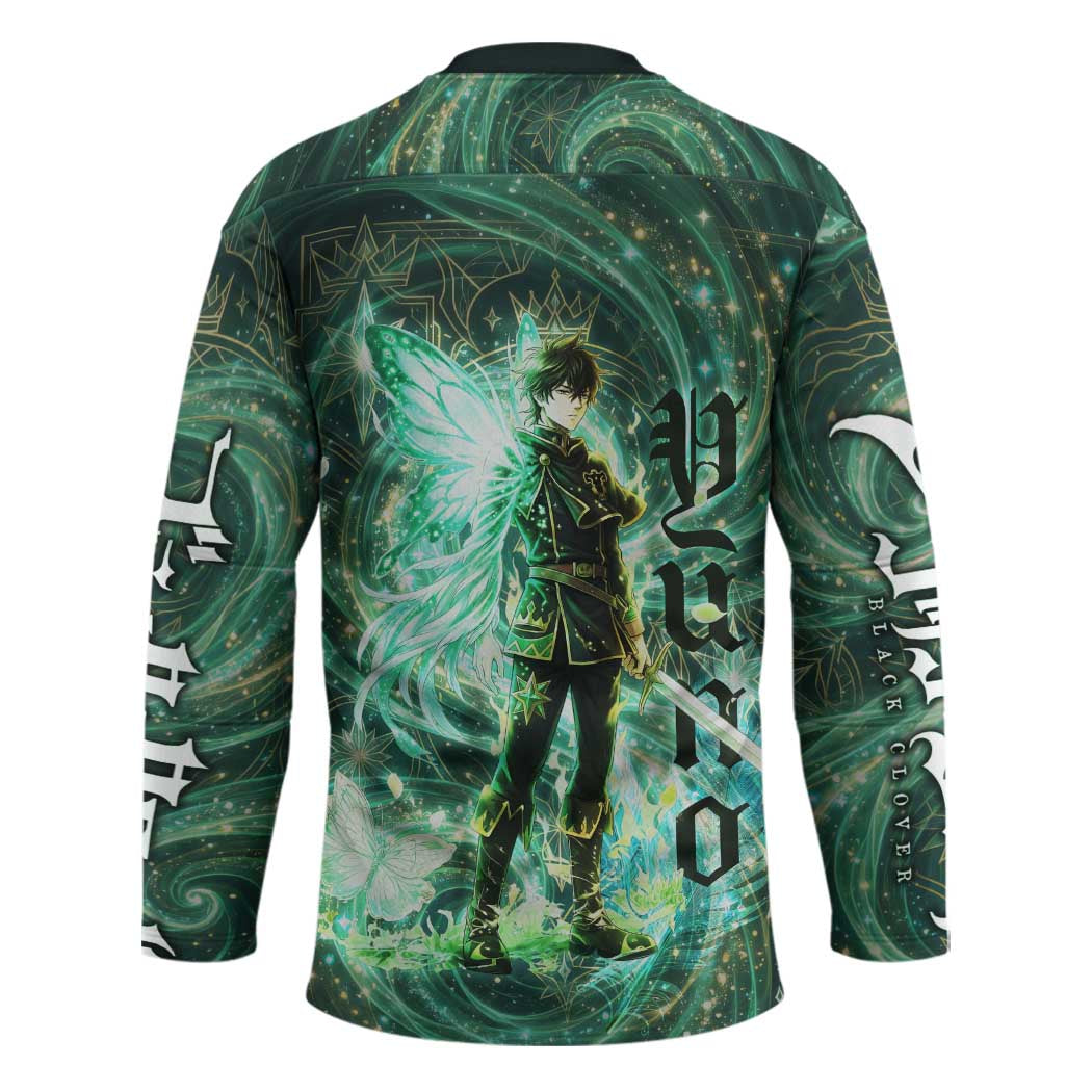Yuno Black Clover Hockey Jersey Magical Fantasy Style with Emerald Wind Swirls