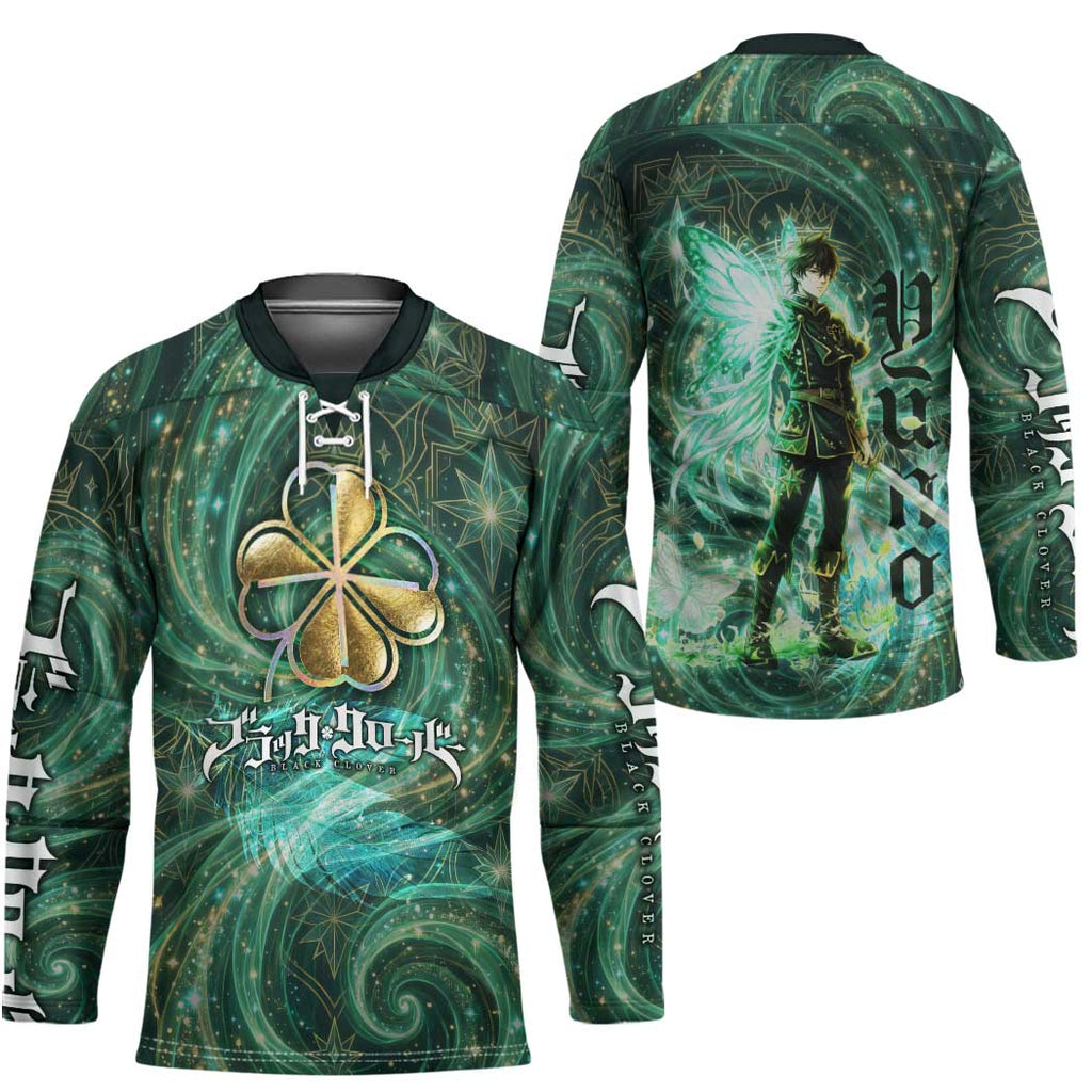 Yuno Black Clover Hockey Jersey Magical Fantasy Style with Emerald Wind Swirls