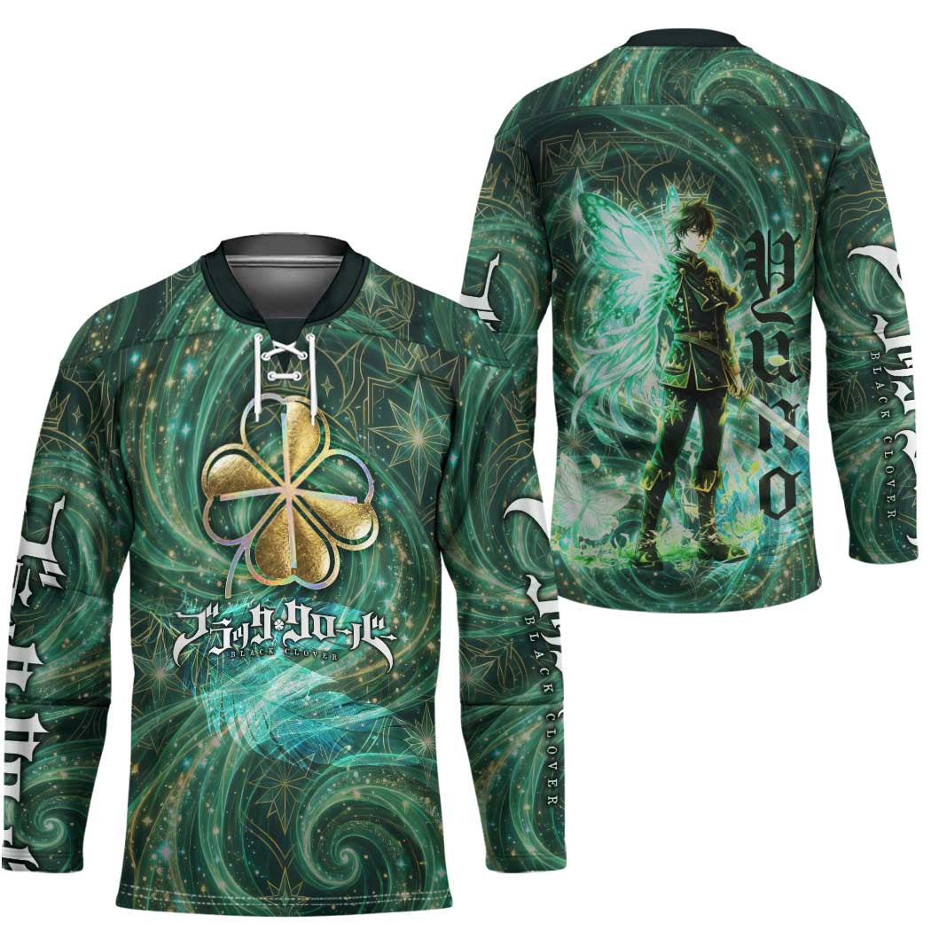 Yuno Black Clover Hockey Jersey Magical Fantasy Style with Emerald Wind Swirls