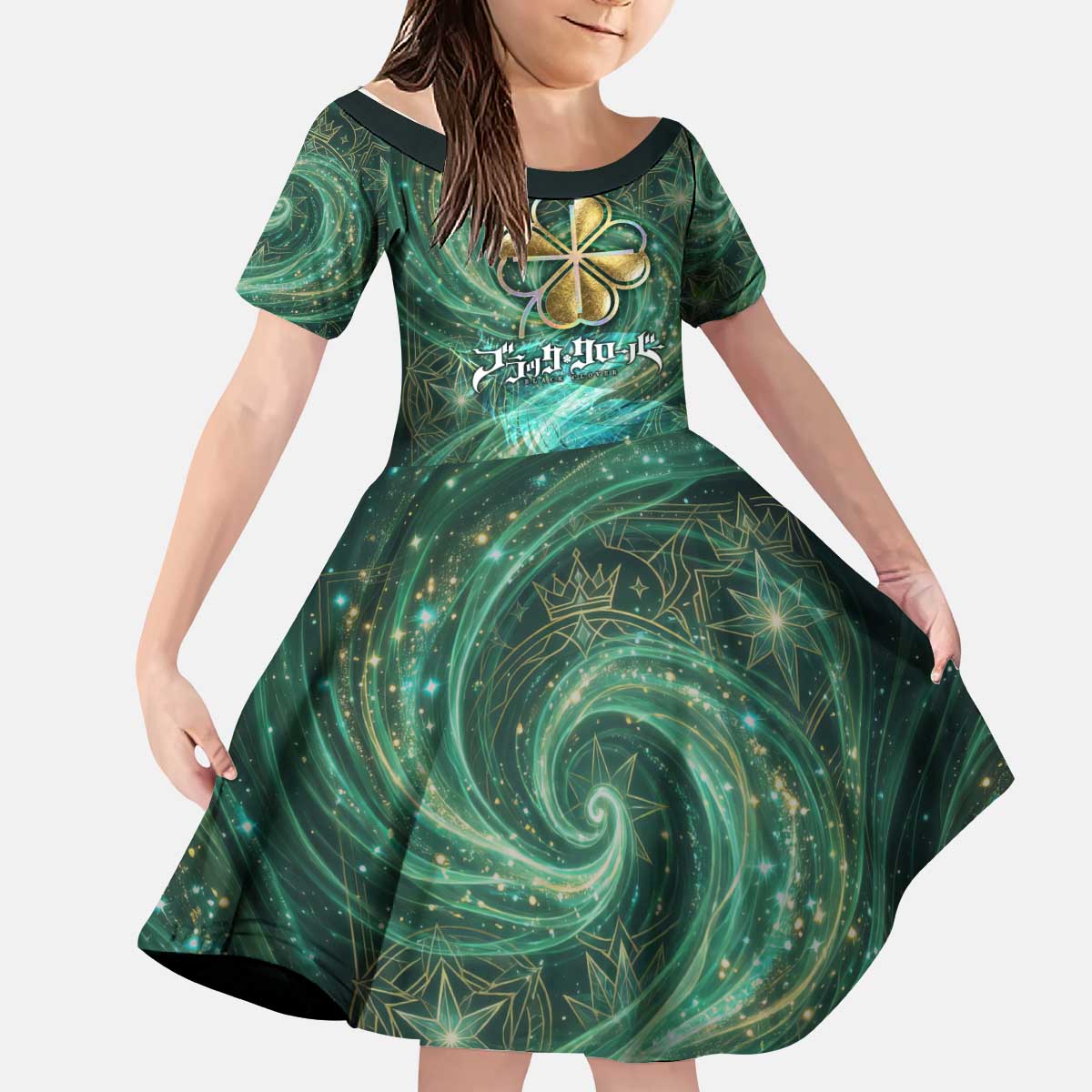Yuno Black Clover Kid Short Sleeve Dress Magical Fantasy Style with Emerald Wind Swirls