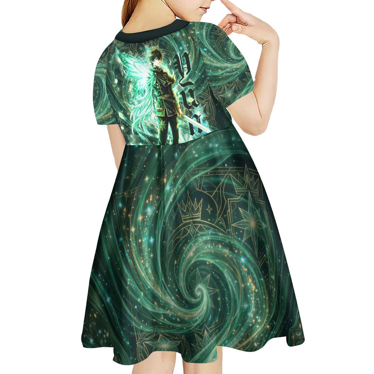 Yuno Black Clover Kid Short Sleeve Dress Magical Fantasy Style with Emerald Wind Swirls