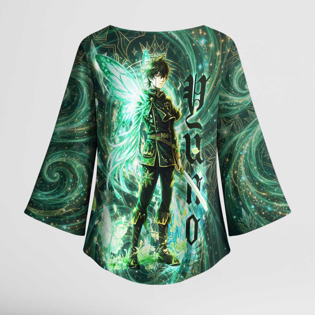 Yuno Black Clover Kimono Sleeve Blouse Magical Fantasy Style with Emerald Wind Swirls