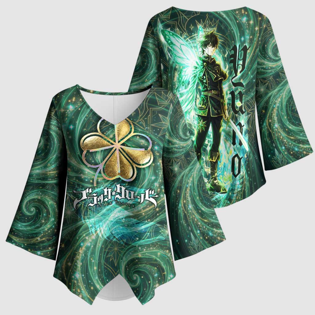 Yuno Black Clover Kimono Sleeve Blouse Magical Fantasy Style with Emerald Wind Swirls