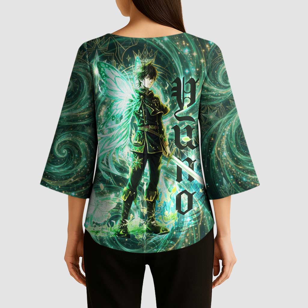 Yuno Black Clover Kimono Sleeve Blouse Magical Fantasy Style with Emerald Wind Swirls