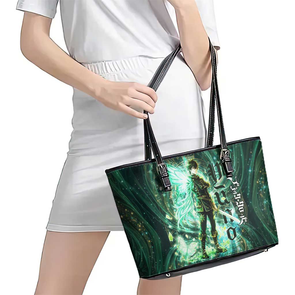 Yuno Black Clover Leather Tote Bag Magical Fantasy Style with Emerald Wind Swirls