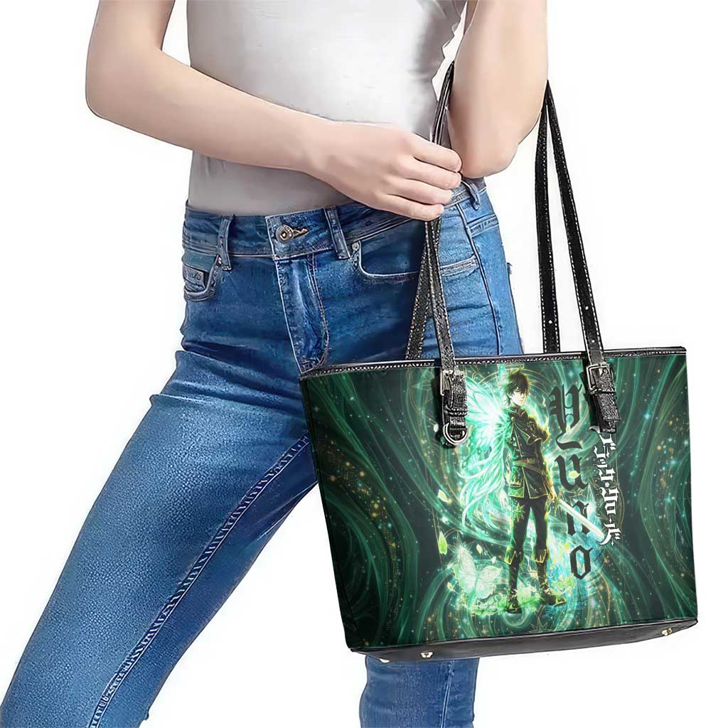 Yuno Black Clover Leather Tote Bag Magical Fantasy Style with Emerald Wind Swirls
