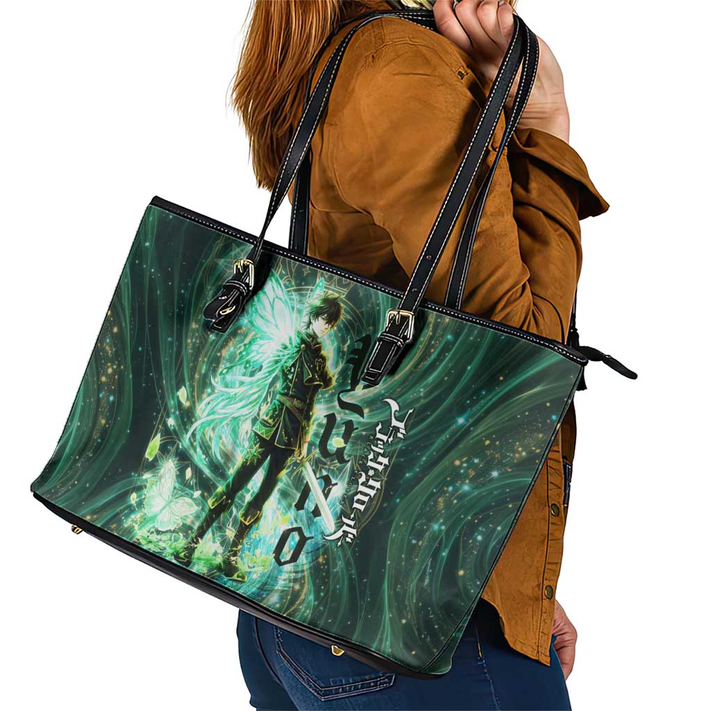 Yuno Black Clover Leather Tote Bag Magical Fantasy Style with Emerald Wind Swirls