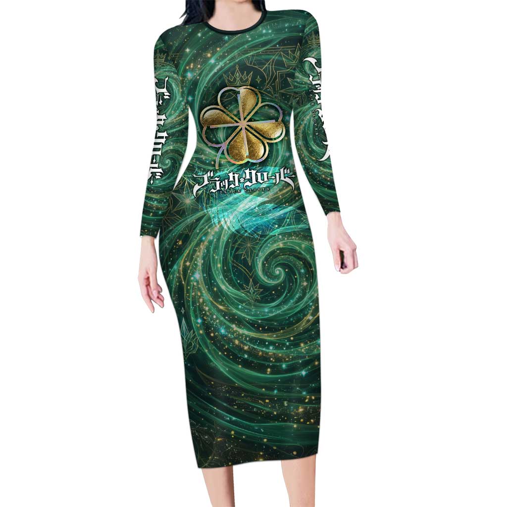 Yuno Black Clover Long Sleeve Bodycon Dress Magical Fantasy Style with Emerald Wind Swirls