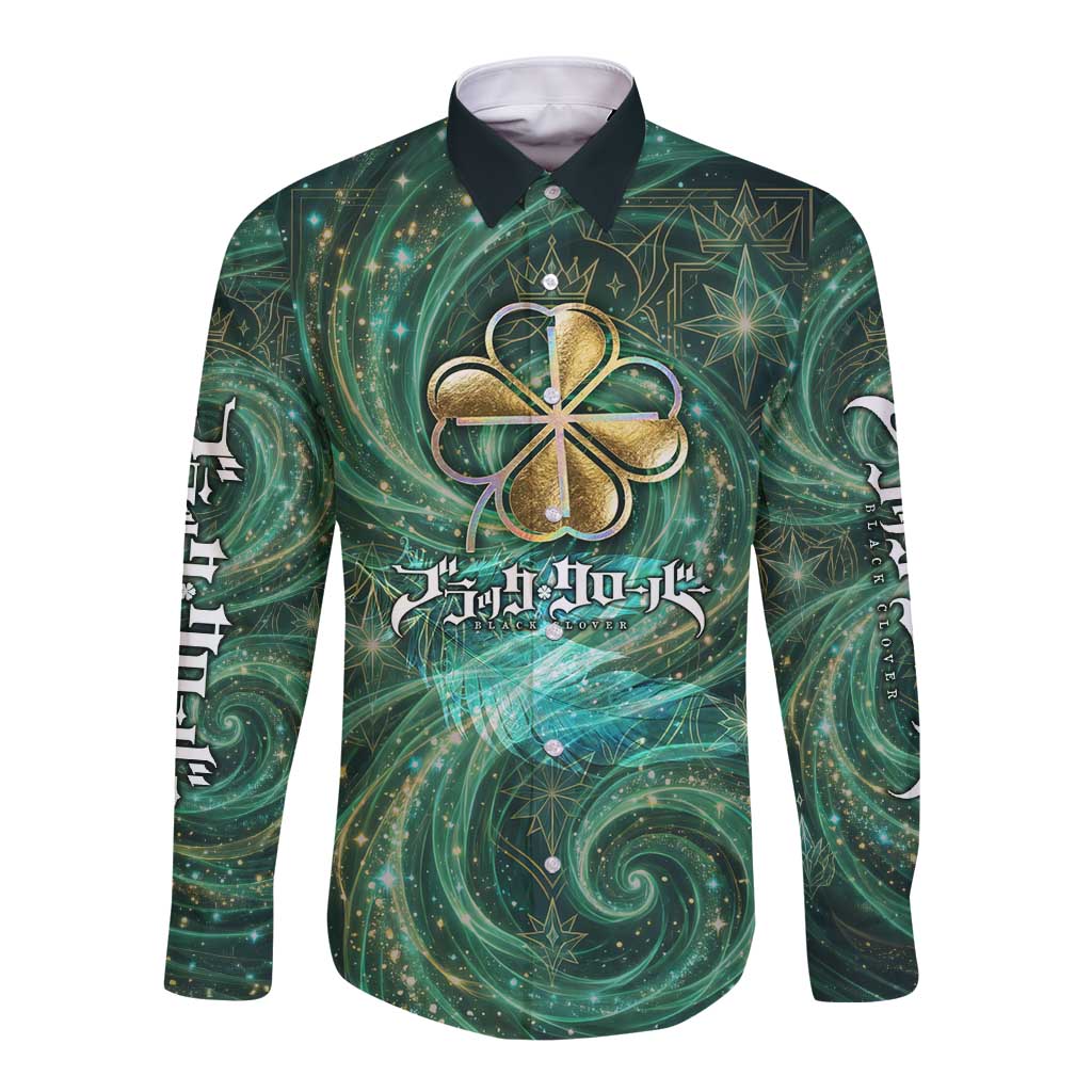 Yuno Black Clover Long Sleeve Button Shirt Magical Fantasy Style with Emerald Wind Swirls