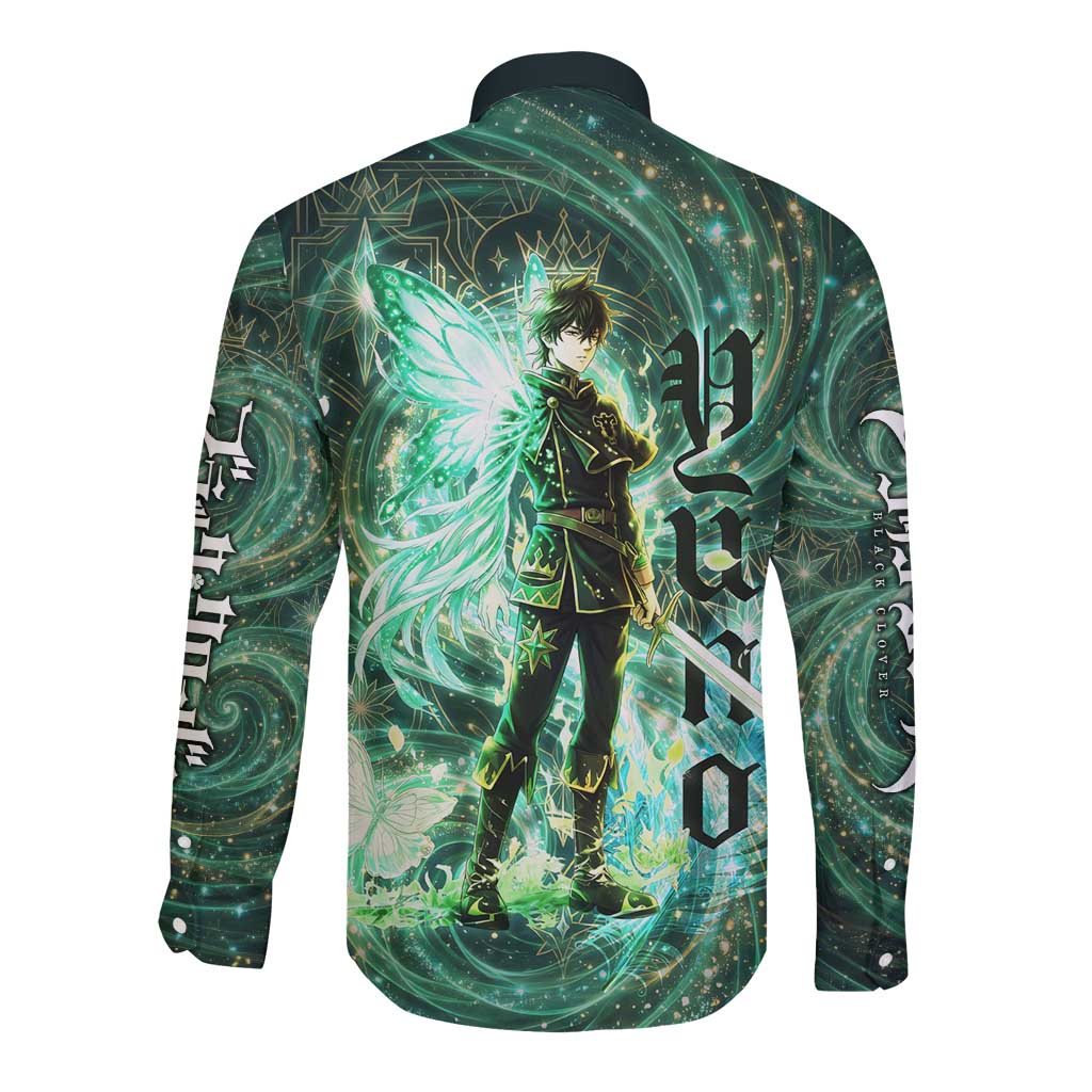 Yuno Black Clover Long Sleeve Button Shirt Magical Fantasy Style with Emerald Wind Swirls