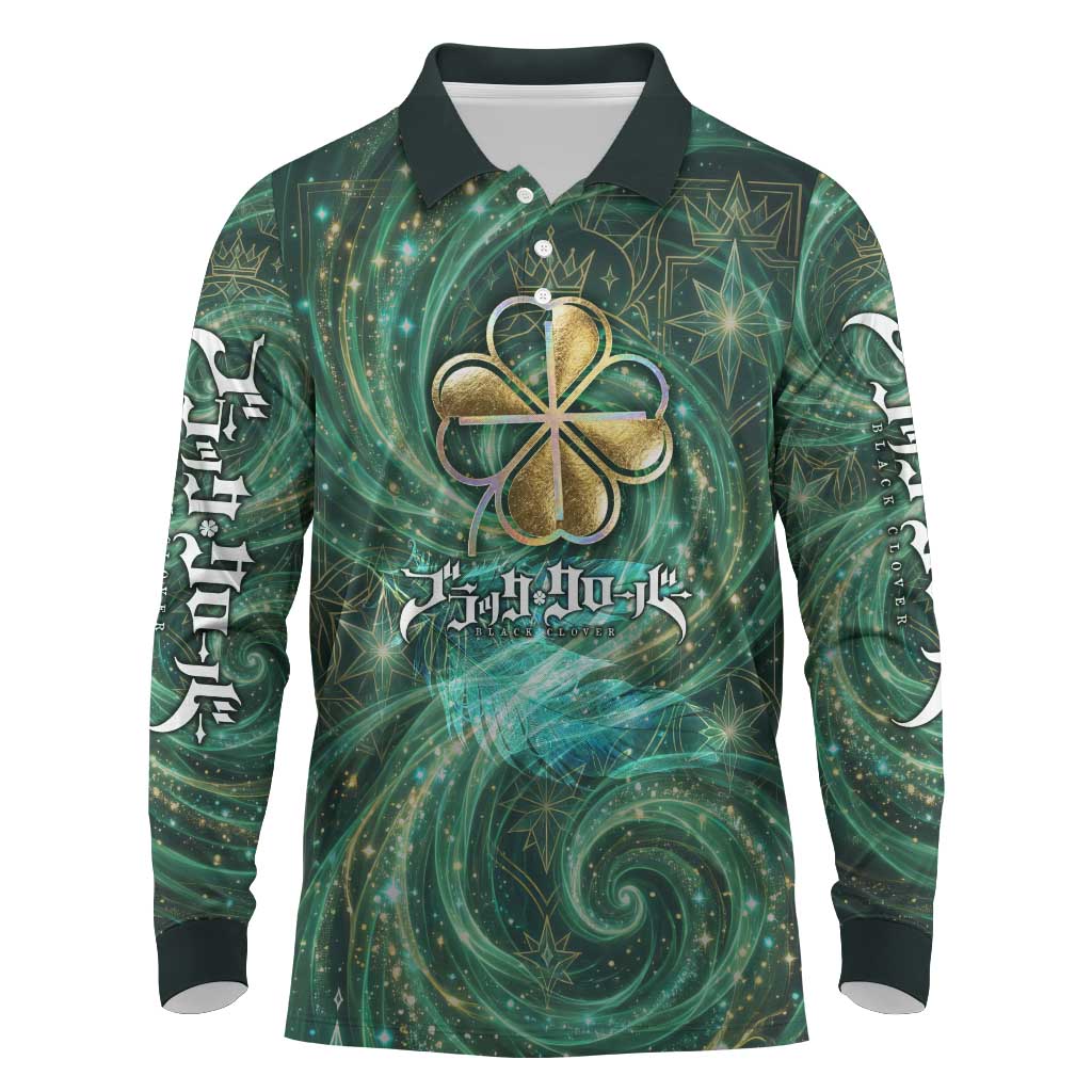 Yuno Black Clover Long Sleeve Polo Shirt Magical Fantasy Style with Emerald Wind Swirls