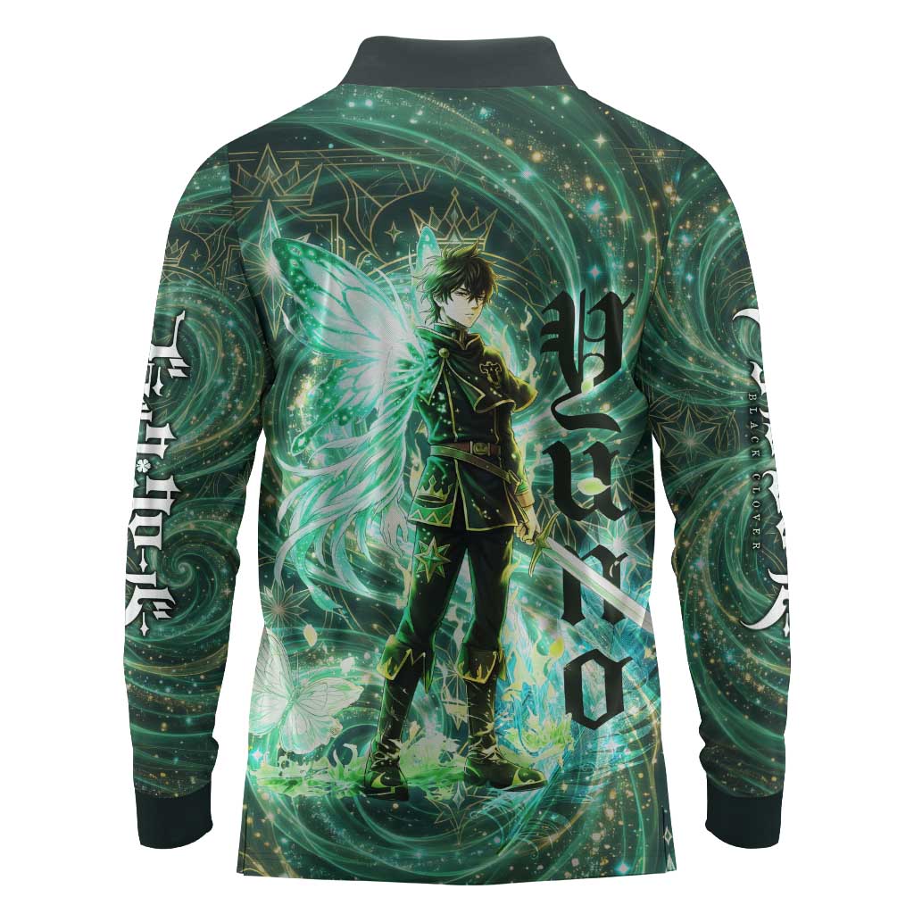 Yuno Black Clover Long Sleeve Polo Shirt Magical Fantasy Style with Emerald Wind Swirls