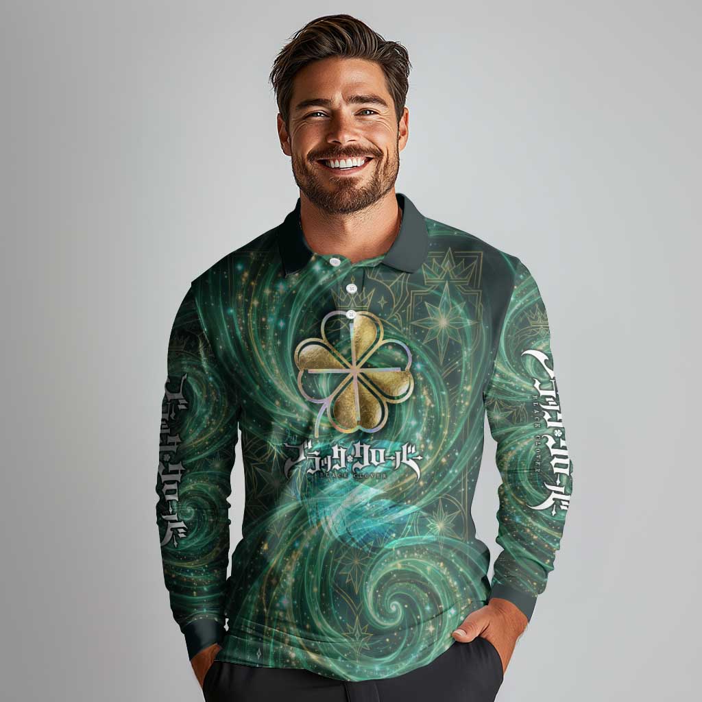 Yuno Black Clover Long Sleeve Polo Shirt Magical Fantasy Style with Emerald Wind Swirls