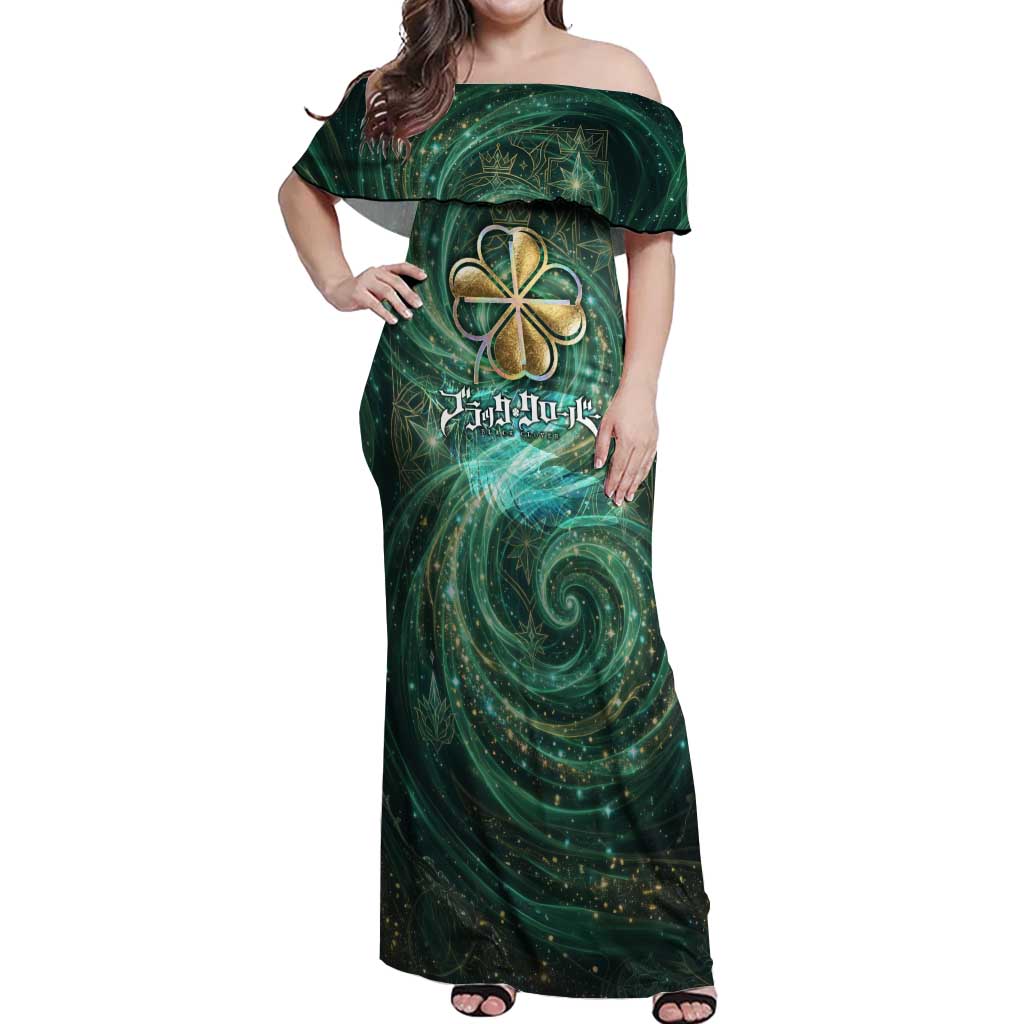 Yuno Black Clover Off Shoulder Maxi Dress Magical Fantasy Style with Emerald Wind Swirls