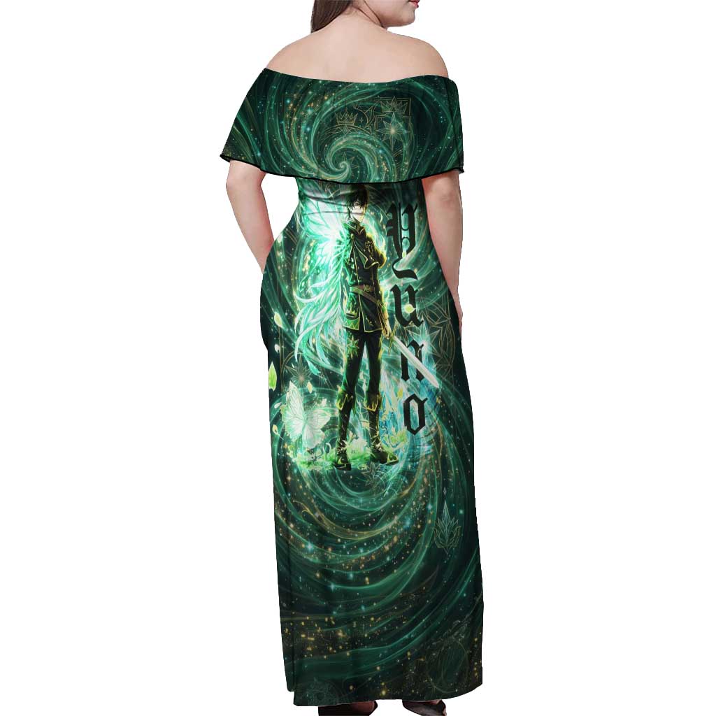 Yuno Black Clover Off Shoulder Maxi Dress Magical Fantasy Style with Emerald Wind Swirls