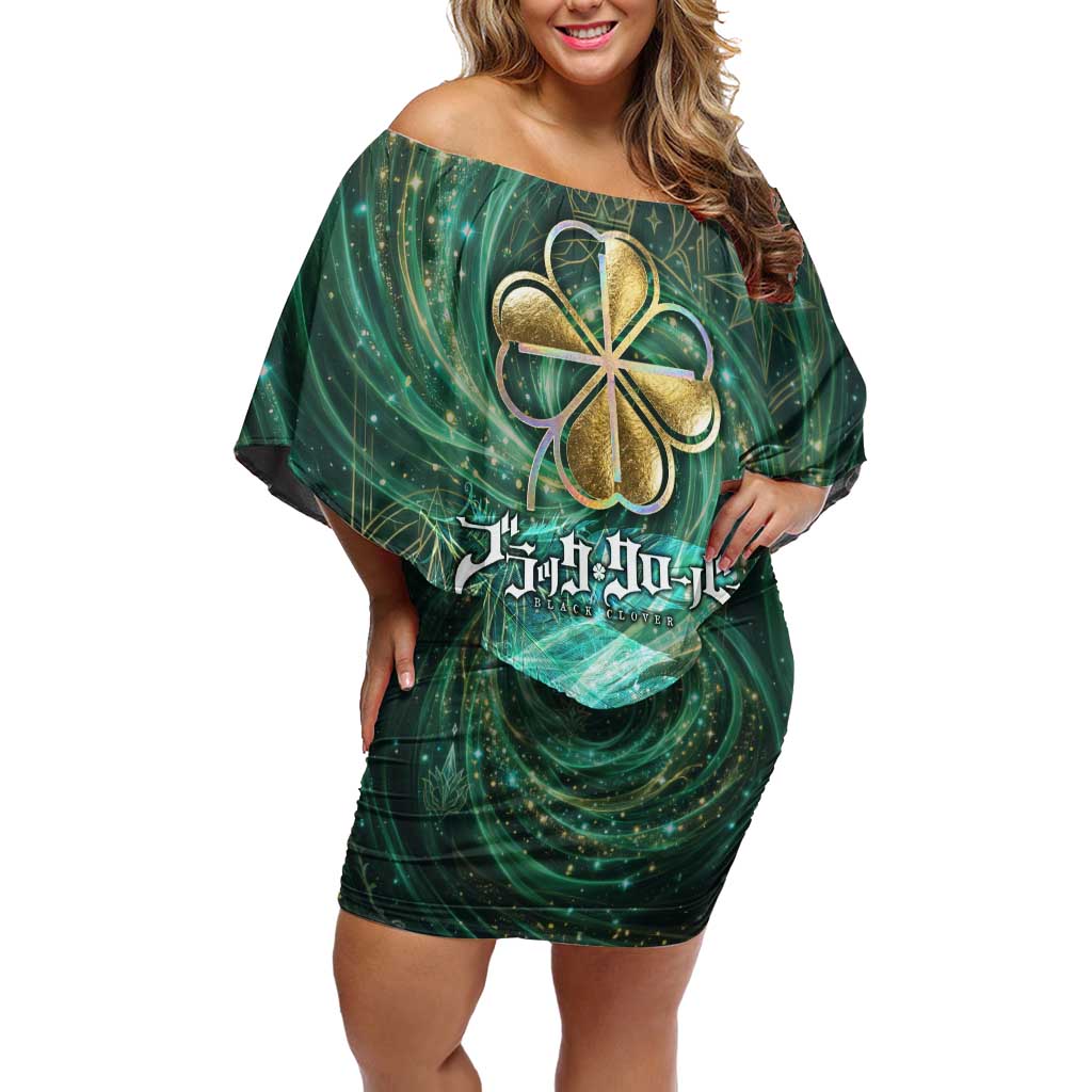 Yuno Black Clover Off Shoulder Short Dress Magical Fantasy Style with Emerald Wind Swirls