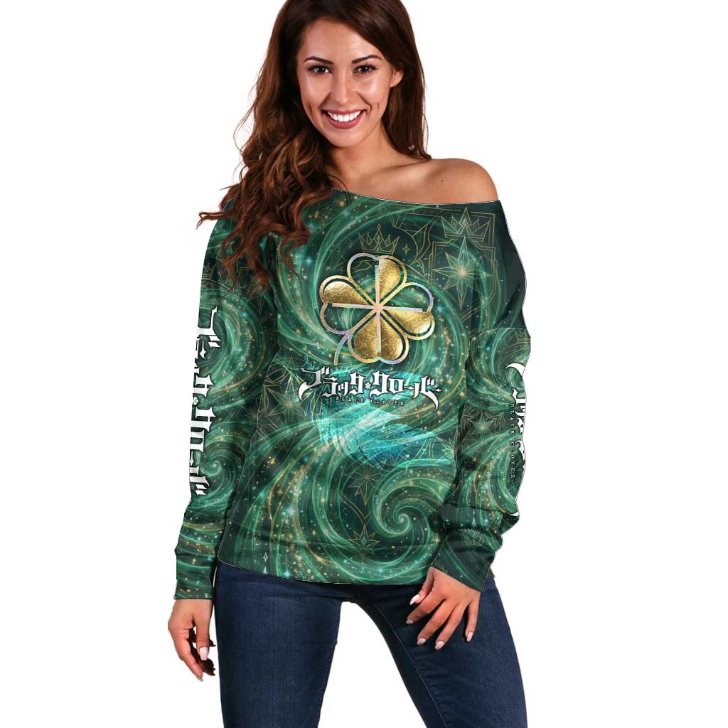 Yuno Black Clover Off Shoulder Sweater Magical Fantasy Style with Emerald Wind Swirls