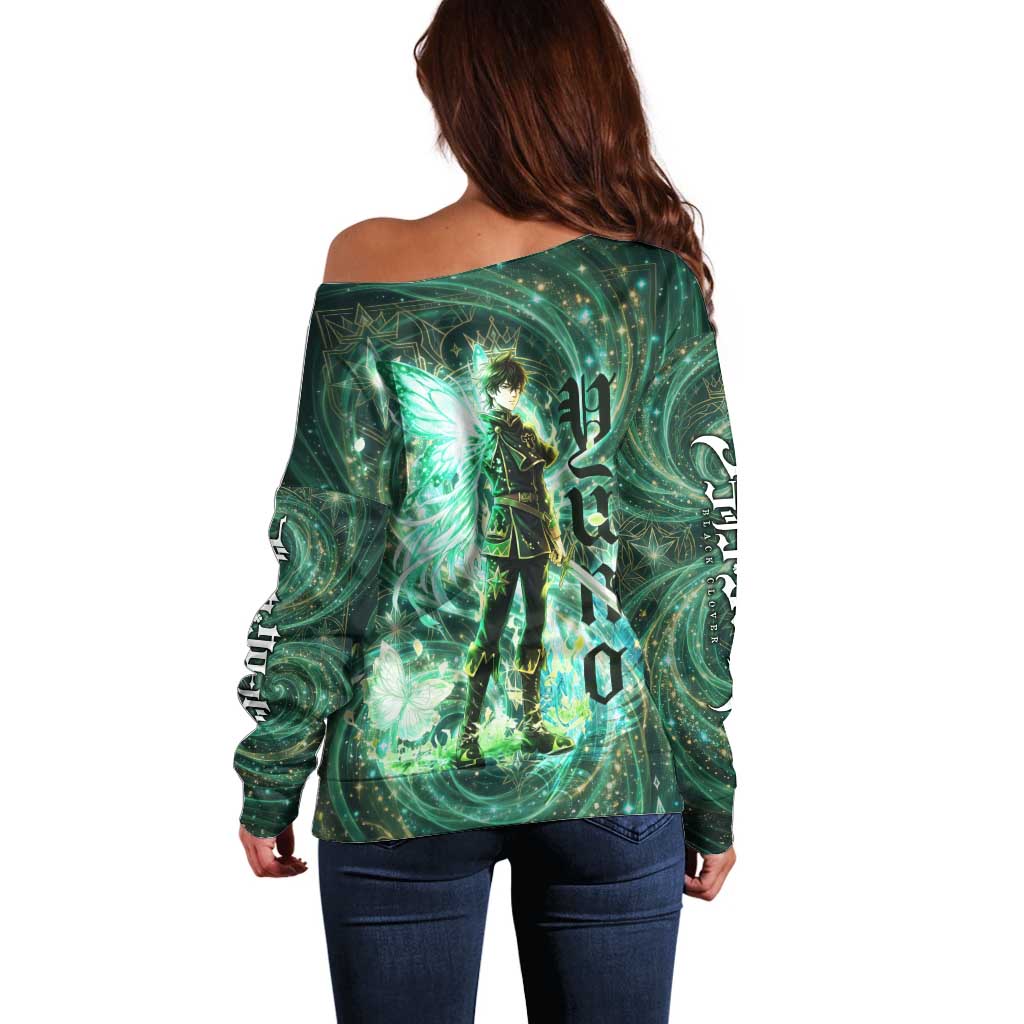 Yuno Black Clover Off Shoulder Sweater Magical Fantasy Style with Emerald Wind Swirls
