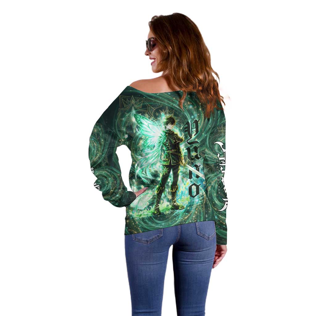Yuno Black Clover Off Shoulder Sweater Magical Fantasy Style with Emerald Wind Swirls