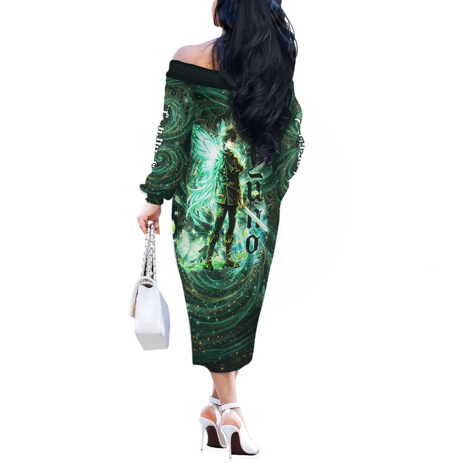 Yuno Black Clover Off The Shoulder Long Sleeve Dress Magical Fantasy Style with Emerald Wind Swirls