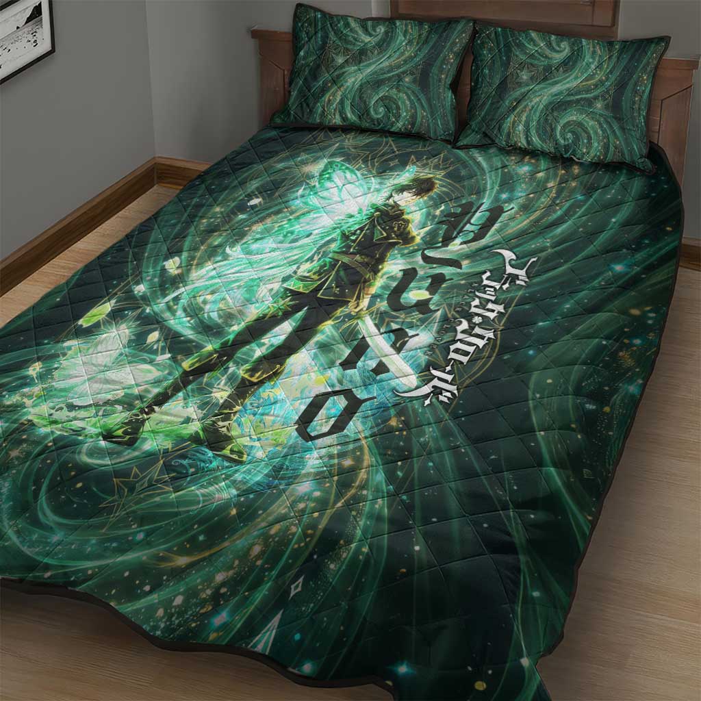 Yuno Black Clover Quilt Bed Set Magical Fantasy Style with Emerald Wind Swirls