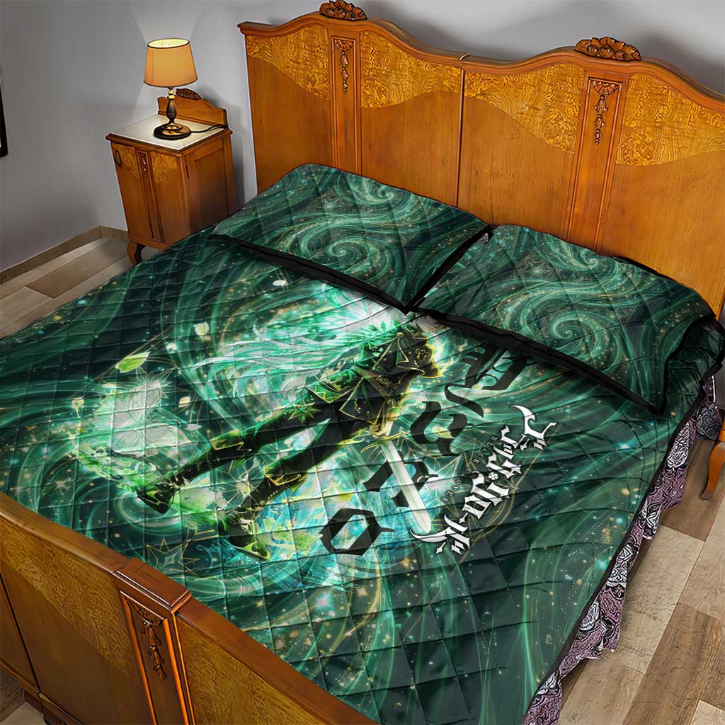 Yuno Black Clover Quilt Bed Set Magical Fantasy Style with Emerald Wind Swirls