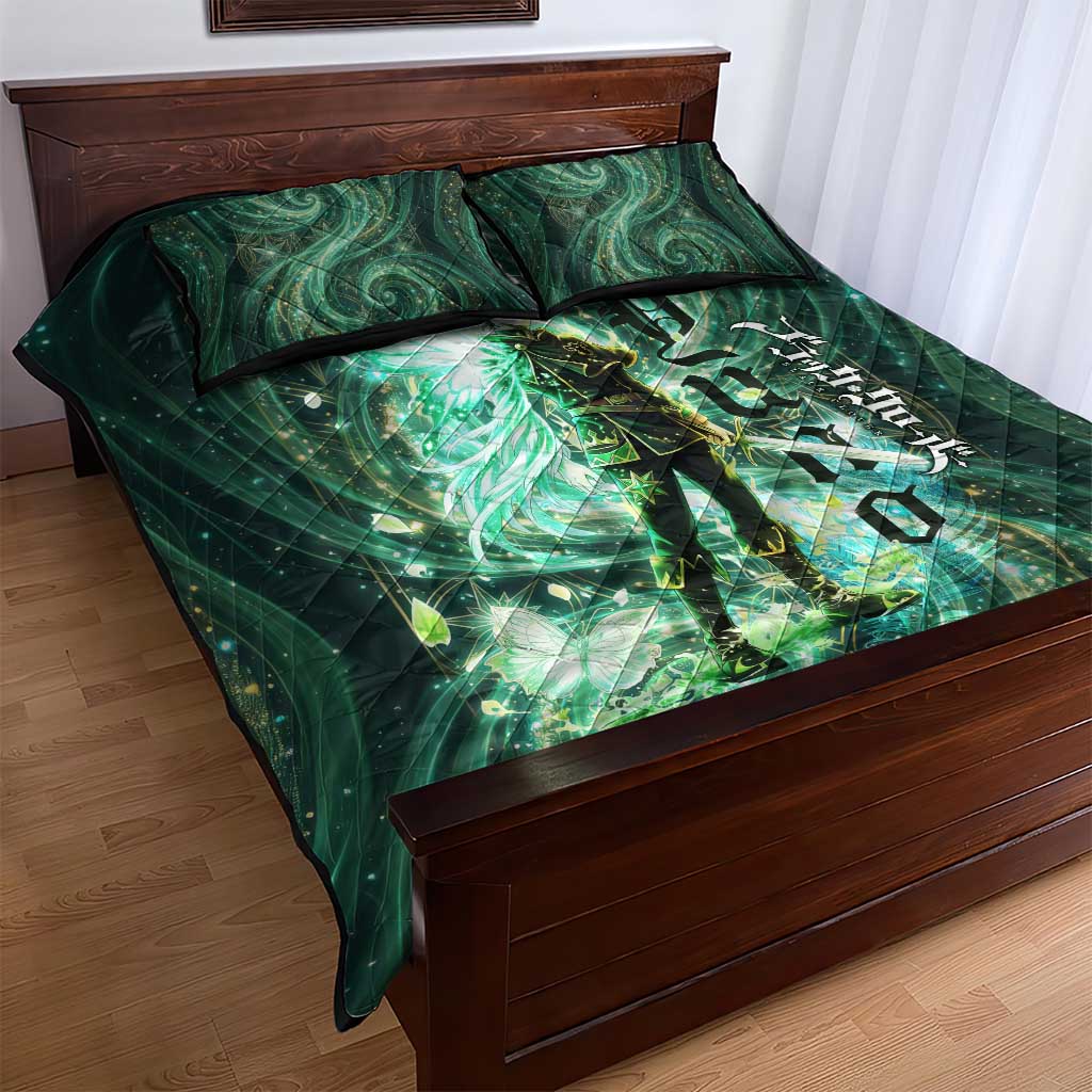 Yuno Black Clover Quilt Bed Set Magical Fantasy Style with Emerald Wind Swirls