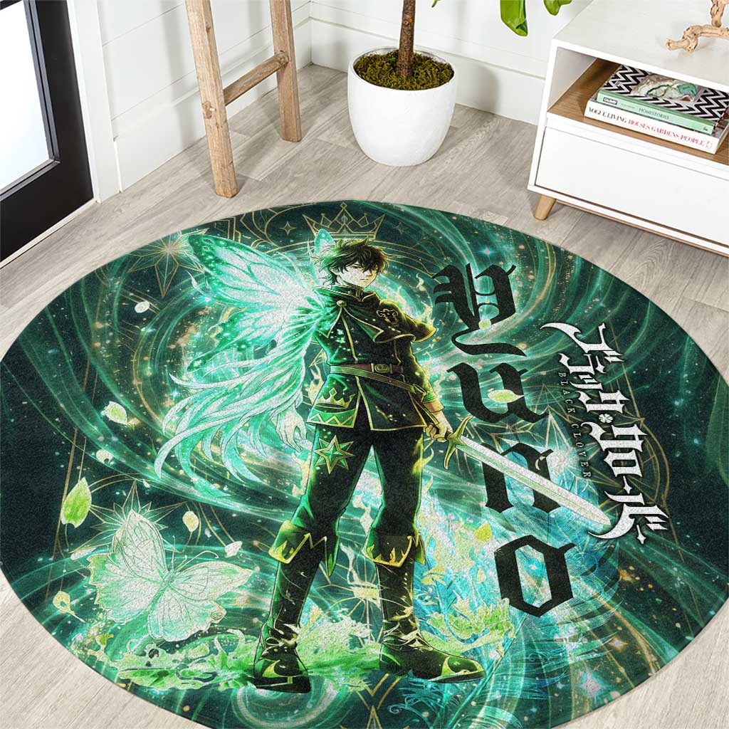 Yuno Black Clover Round Carpet Magical Fantasy Style with Emerald Wind Swirls