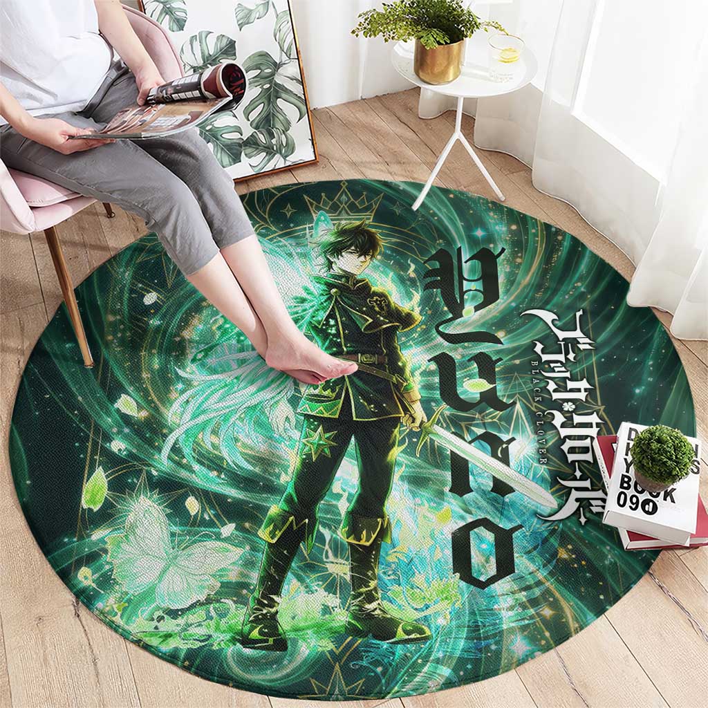Yuno Black Clover Round Carpet Magical Fantasy Style with Emerald Wind Swirls