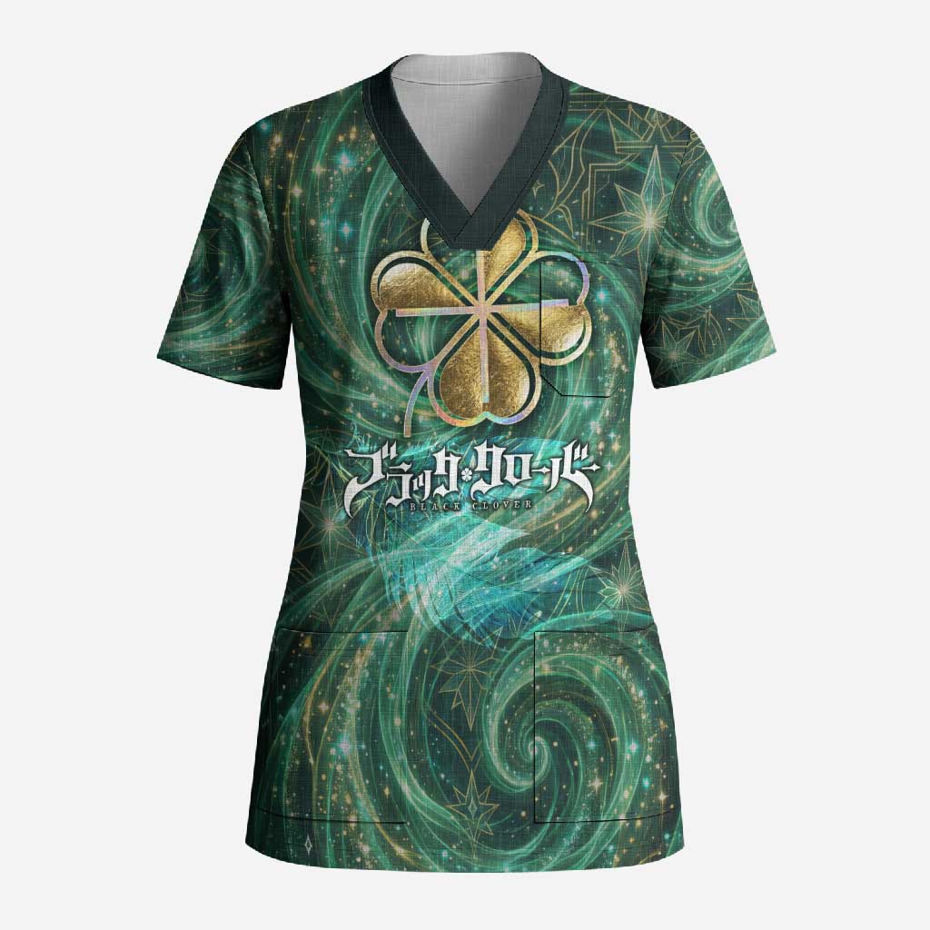 Yuno Black Clover Scrub Top Magical Fantasy Style with Emerald Wind Swirls