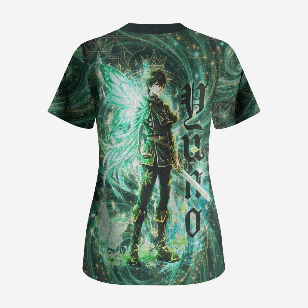 Yuno Black Clover Scrub Top Magical Fantasy Style with Emerald Wind Swirls