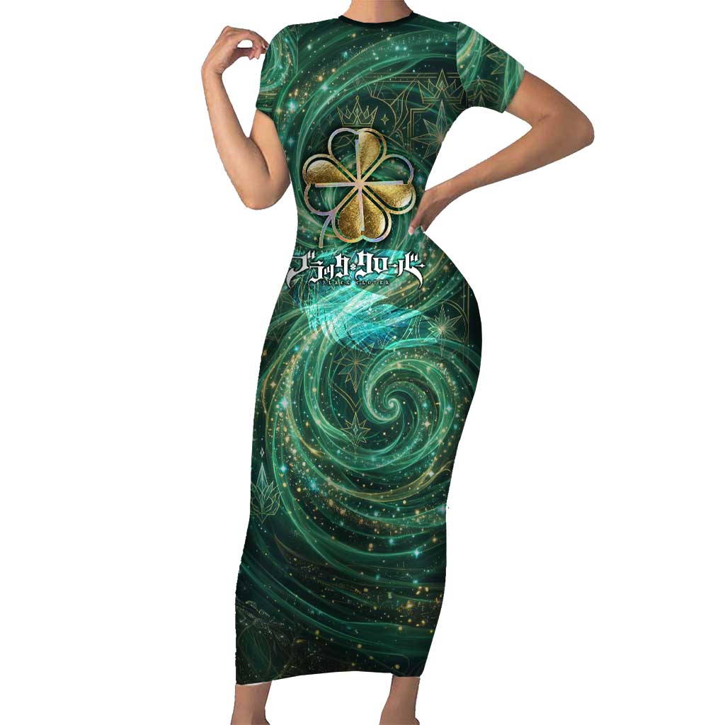 Yuno Black Clover Short Sleeve Bodycon Dress Magical Fantasy Style with Emerald Wind Swirls