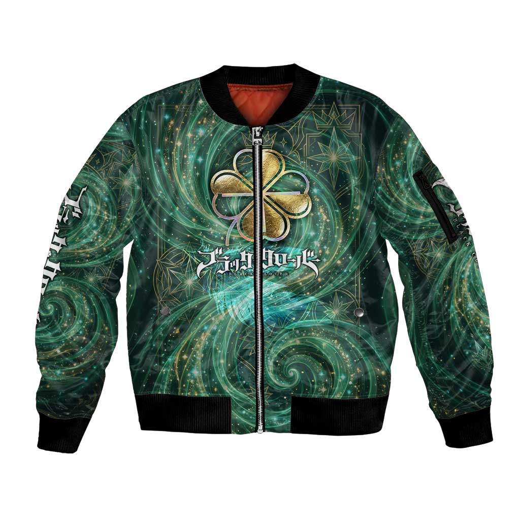 Yuno Black Clover Sleeve Zip Bomber Jacket Magical Fantasy Style with Emerald Wind Swirls