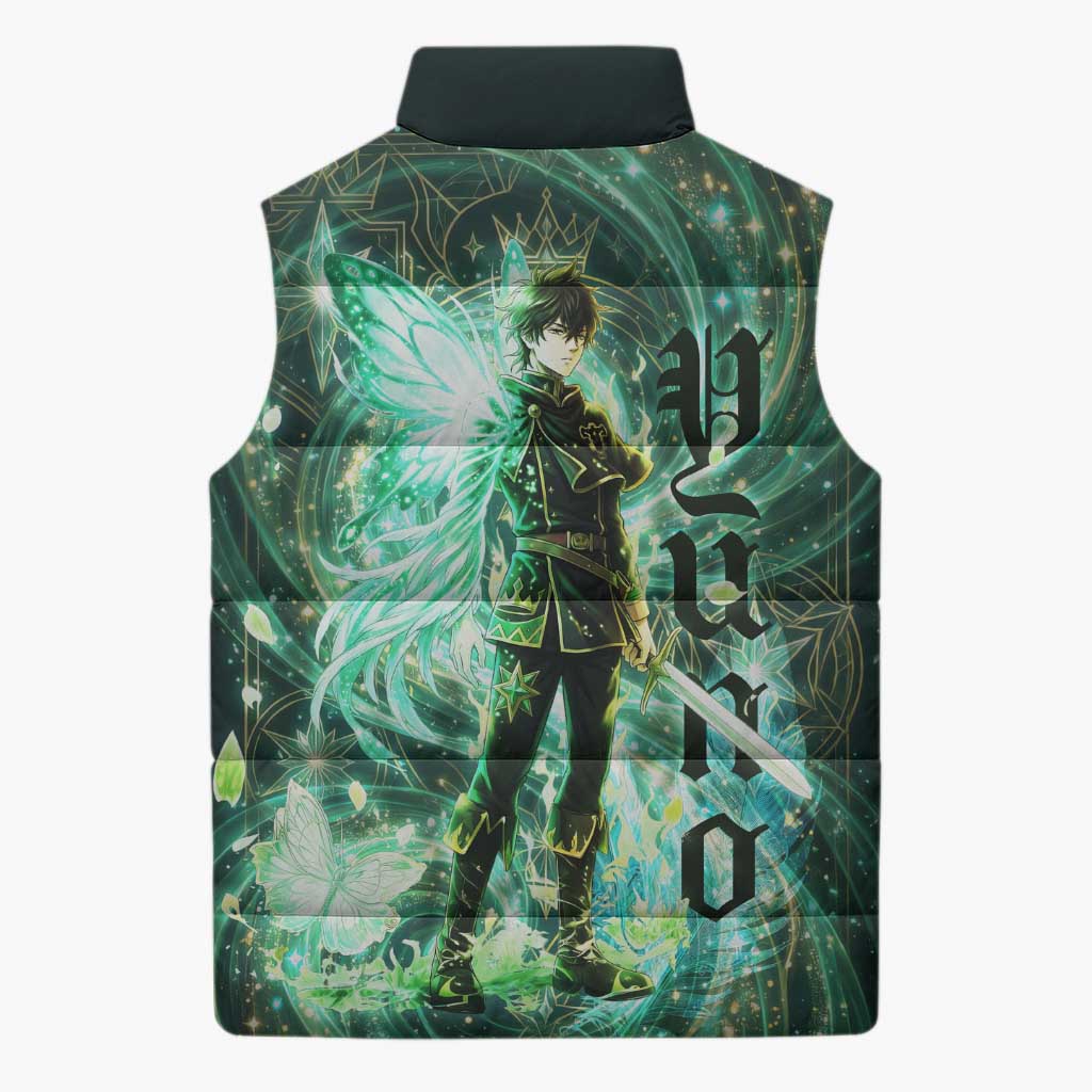 Yuno Black Clover Sleeveless Puffer Jacket Magical Fantasy Style with Emerald Wind Swirls
