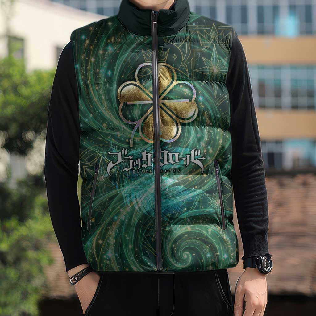 Yuno Black Clover Sleeveless Puffer Jacket Magical Fantasy Style with Emerald Wind Swirls