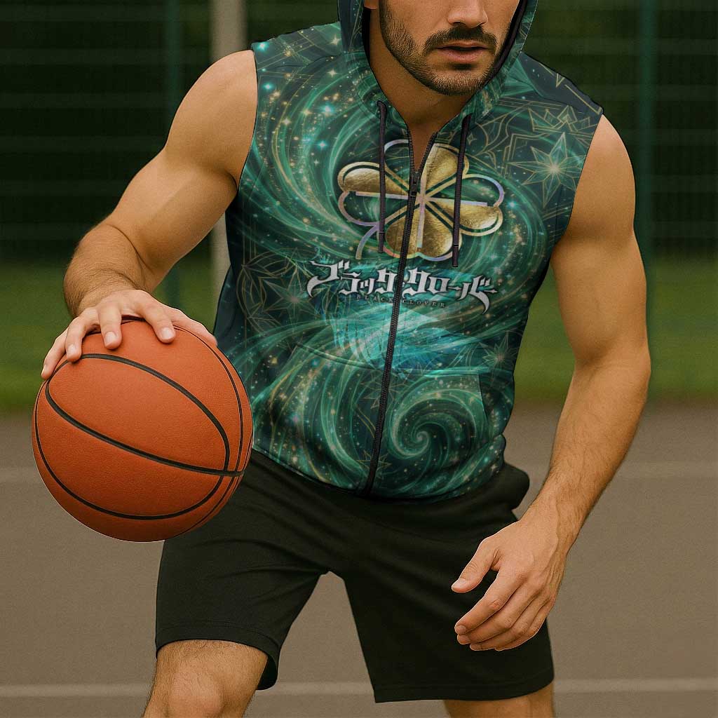 Yuno Black Clover Sleeveless Zip Hoodie Magical Fantasy Style with Emerald Wind Swirls