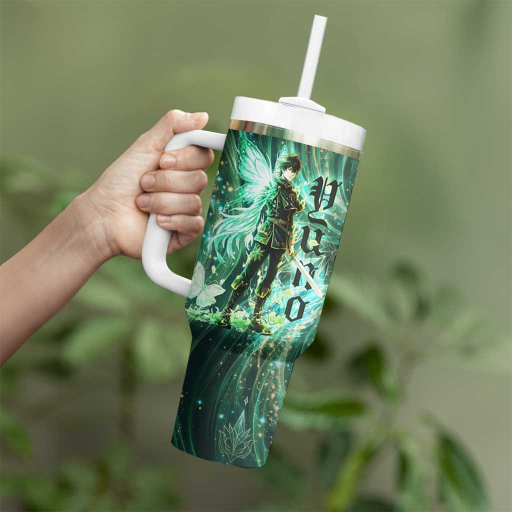 Yuno Black Clover Tumbler With Handle Magical Fantasy Style with Emerald Wind Swirls