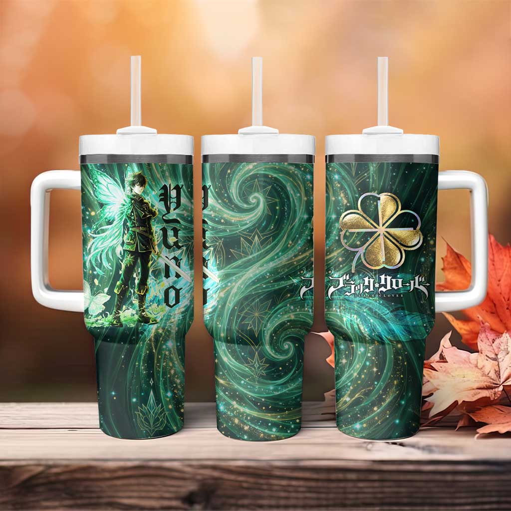 Yuno Black Clover Tumbler With Handle Magical Fantasy Style with Emerald Wind Swirls