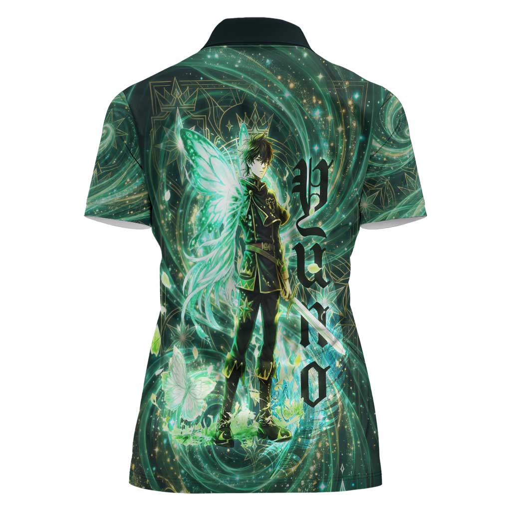 Yuno Black Clover Women Polo Shirt Magical Fantasy Style with Emerald Wind Swirls